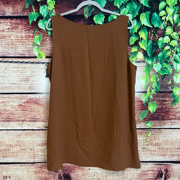 Eileen Fisher Silk Georgette Tank Top Large Crepe Bateau Neck Brown Blouse Shirt - Picture 2 of 5